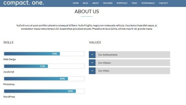 Compact One - free one page theme offers inbuilt progress bar and count up sections.