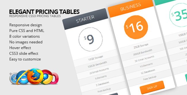 Elegant Pricing Tables is purely responsive and comes in 8 different colors.