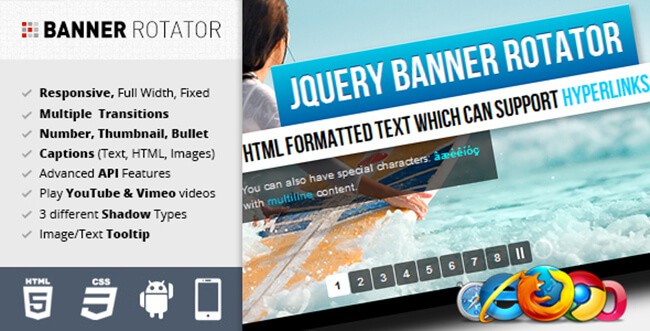 jQuery Banner Rotator lets you add text effects in case you need captions for your banners. 