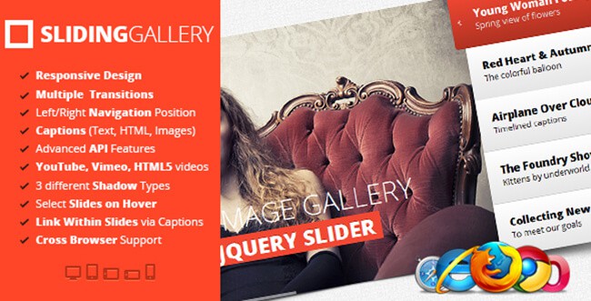 jQuery Sliding Image Gallery lets you use different types of transitions for each slide. 