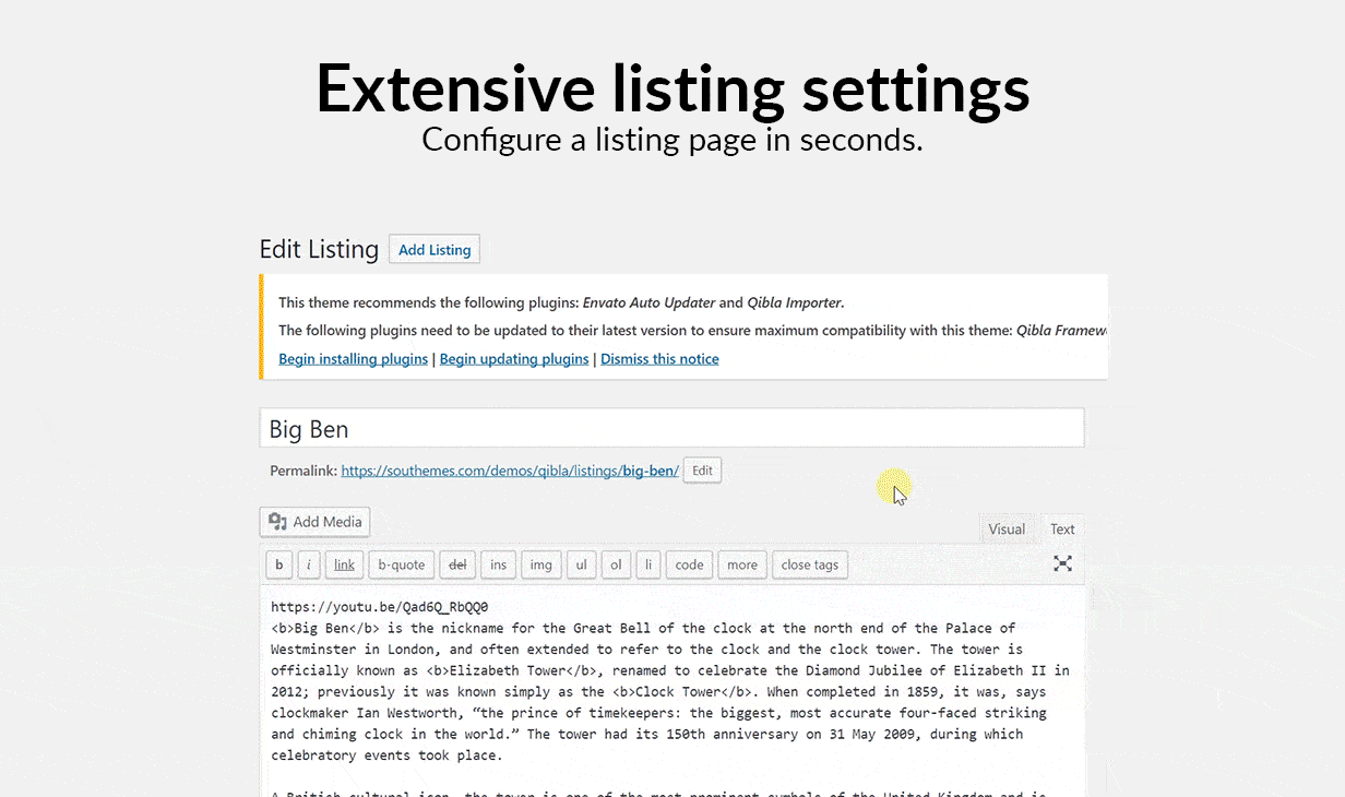 extensive set of listing settings.