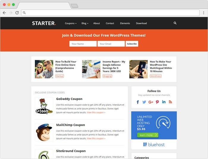 Starter is stylish WordPress blog theme that built with coupons/deals functionalities. 