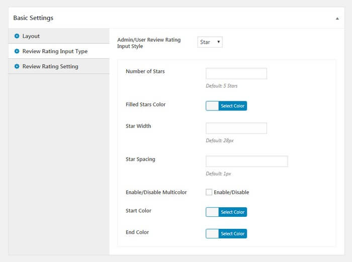 In the Review Rating Input Type Settings, Everest Review gives us the liberty to configure.