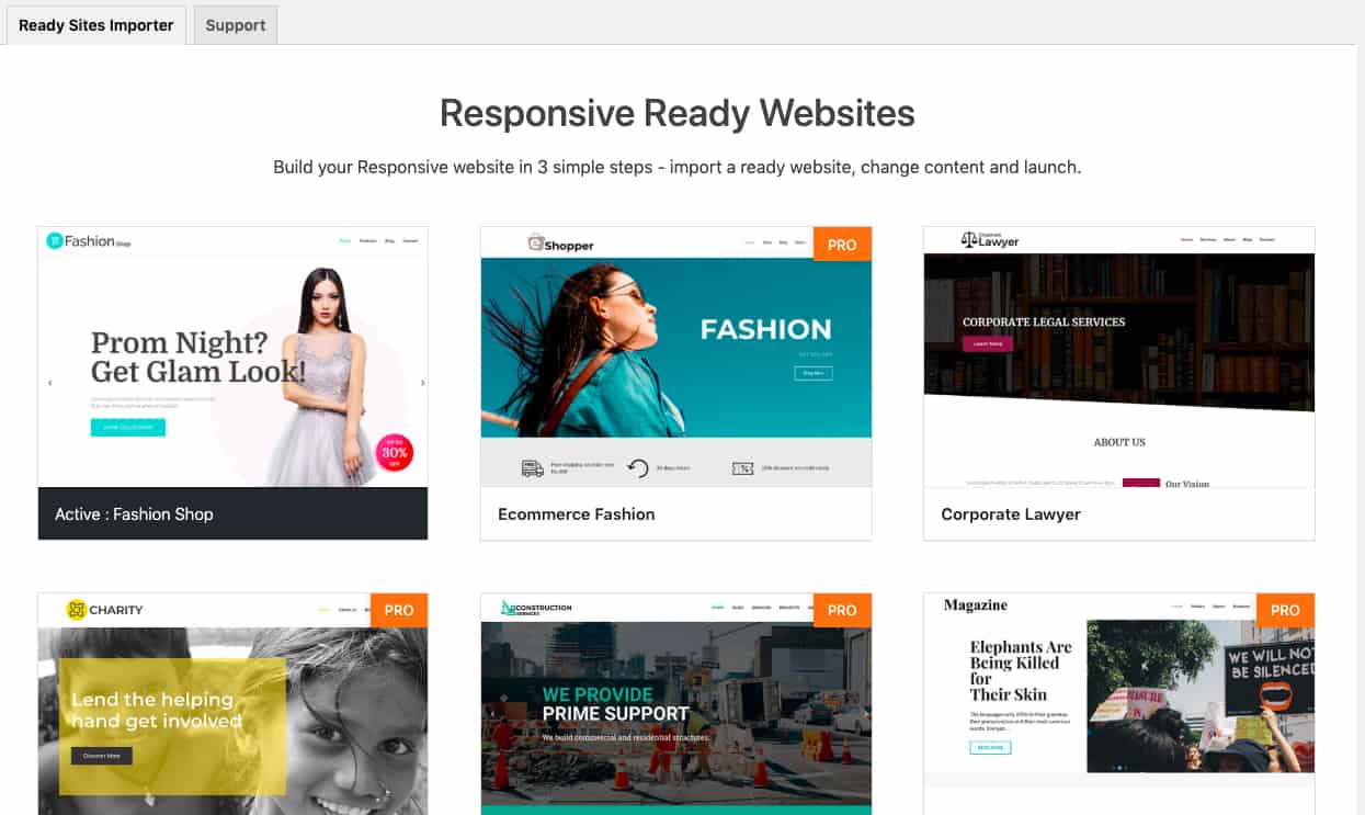 Responsive WordPress Theme importing sites