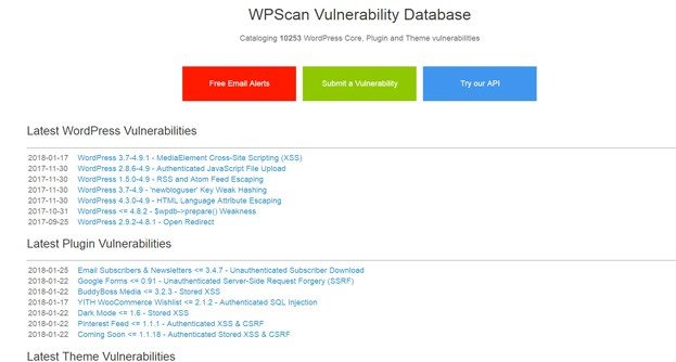 WP Scan Vulnerability Database is a database of WordPress core, plugin, and theme vulnerabilities.