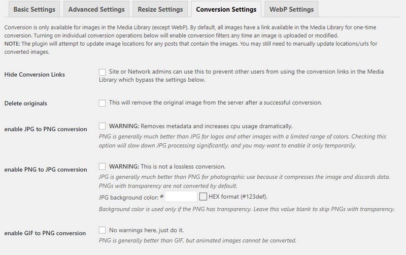 EWWW Image Optimizer Conversion Settings