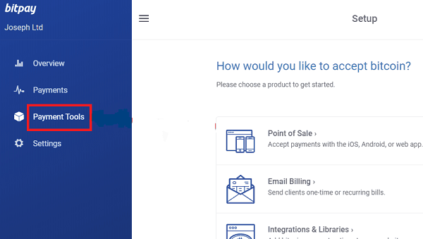 In the BitPay platform select the Payment Tools option.