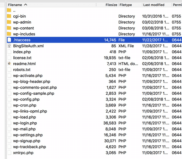 Using any FTP client, go to your website’s root folder and locate a file called .htaccess.