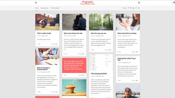 Pingraphy is a great looking Pinterest-style WordPress theme by ThemeCountry.