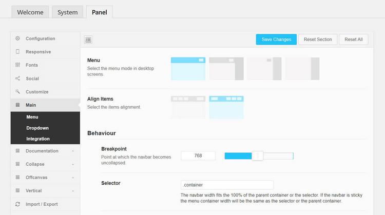 QuadMenu horizontal menu options.