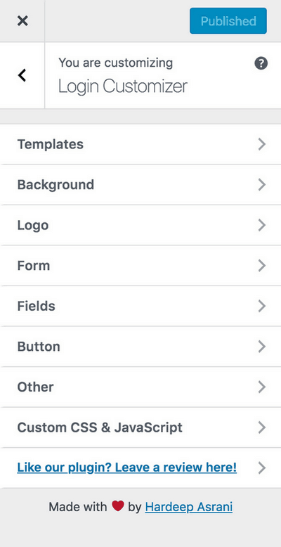 In the Login Customizer section you find a series of sections for customization.