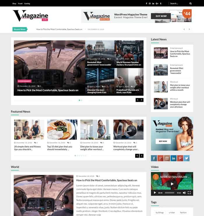 VMagazine Lite is a WordPress theme for newspaper and editorial sites.