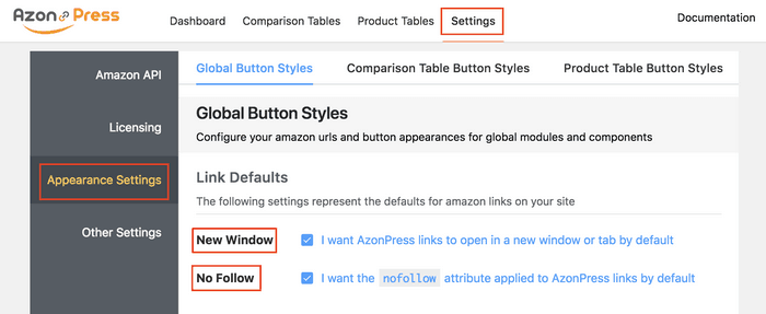 Go to the Appearance Settings option and configure settings that will define the behavior and appearance or your affiliate links.