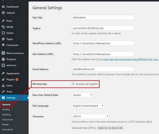 Change the membership setting is in the WordPress dashboard.