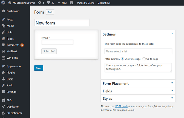 Add new form settings