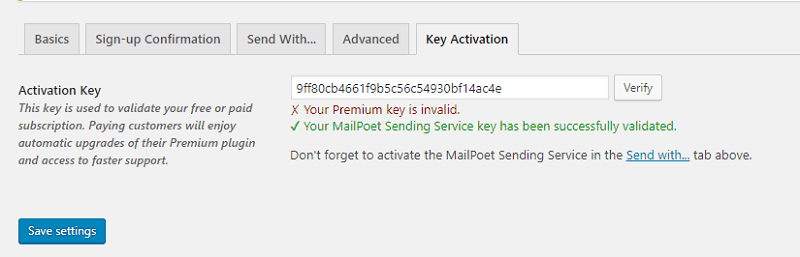 Send Better Email With MailPoet - Paste the key it in the empty field on your screen.