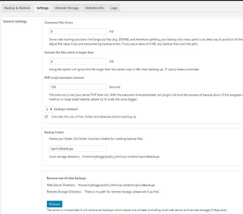 The next tab in WPvivid gives you options for the general settings. 