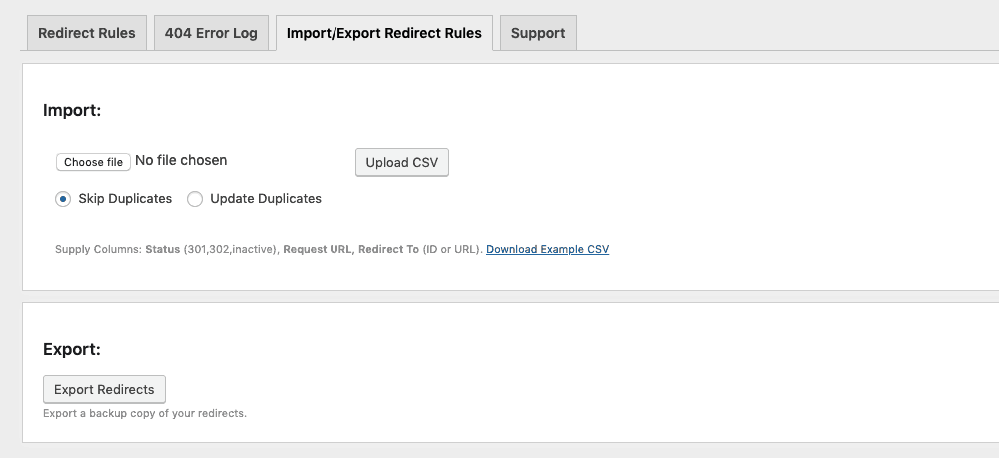 Redirect - Import:Export