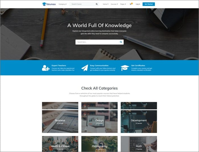 Edumax is a WordPress theme to build an online course portal from Themeum.