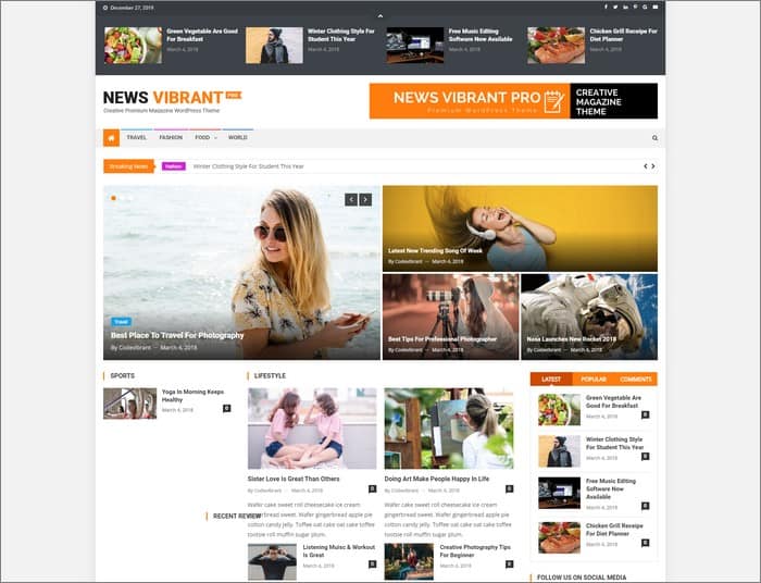 News Vibrant Pro is the selling WordPress theme 2019 at CodeVibrant.