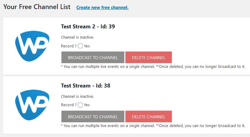 WP Stream channel list page