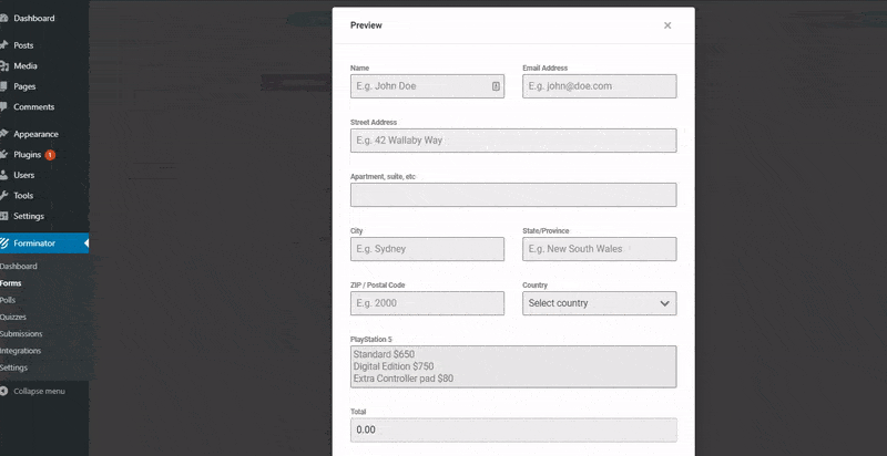 Order form preview