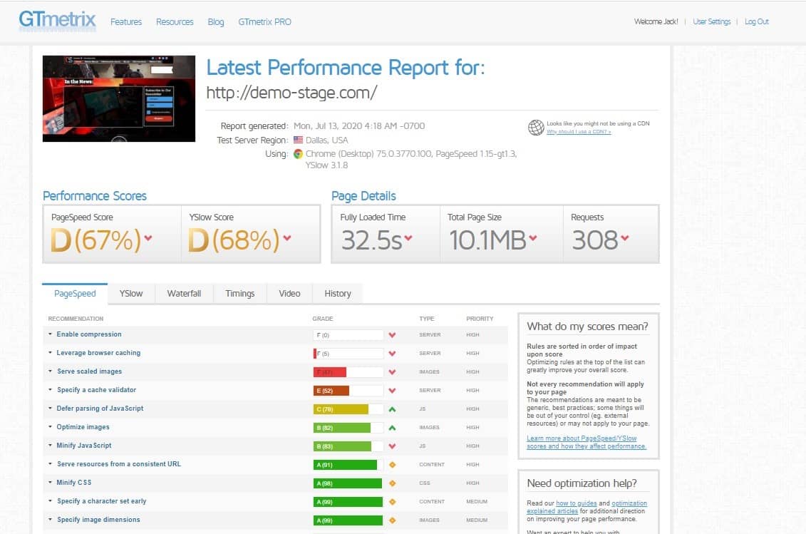 GTmetrix results