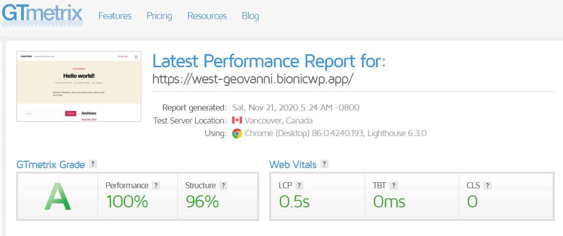 Speed testing on GTMetrix after activating Nitropack