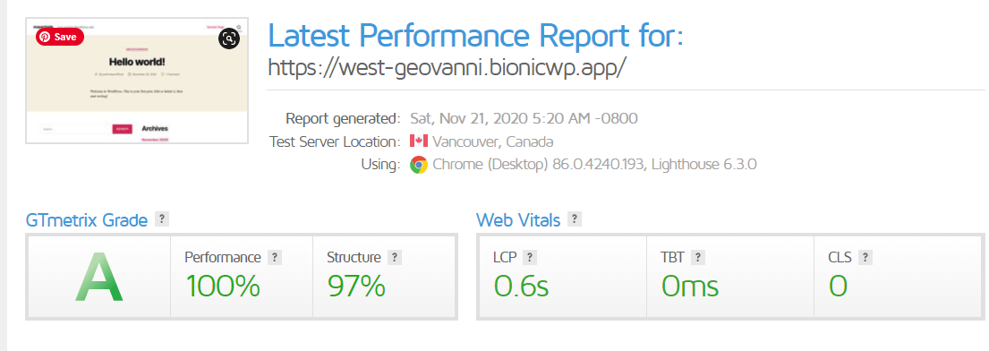 Speed testing on GTMetrix