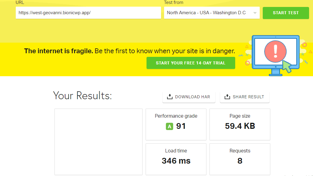 Speed testing on Pingdom