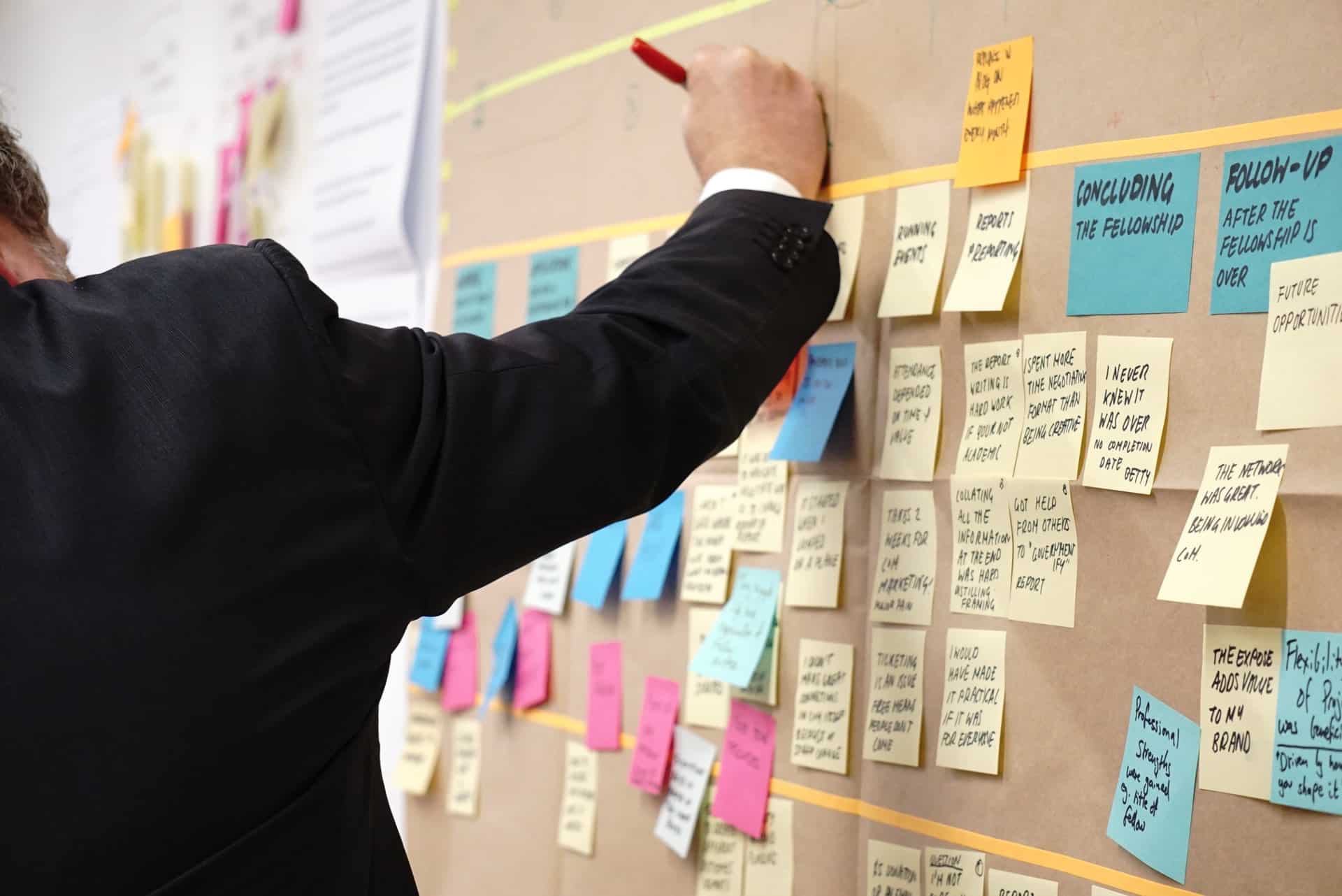 Man drawing on board with sticky notes