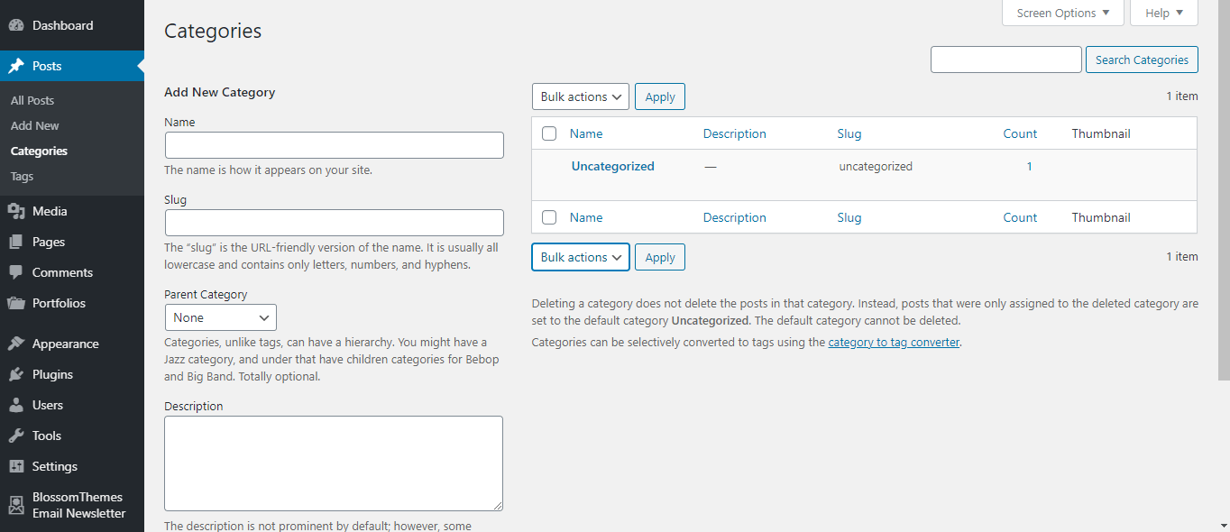 WordPress categories tab