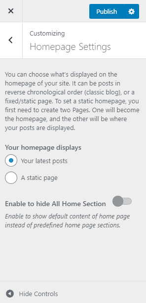 WordPress customizing homepage settings