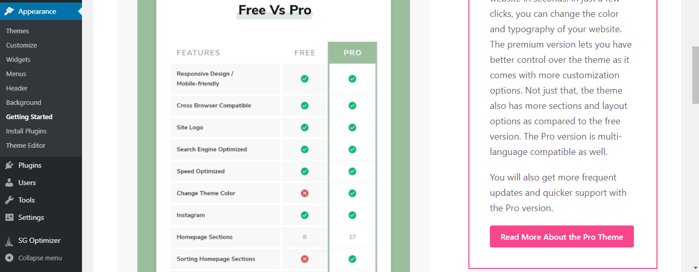 Yoga Fitness theme Free vs Pro tab