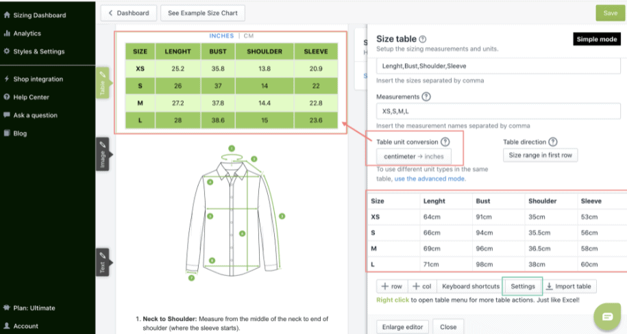 Size chart settings