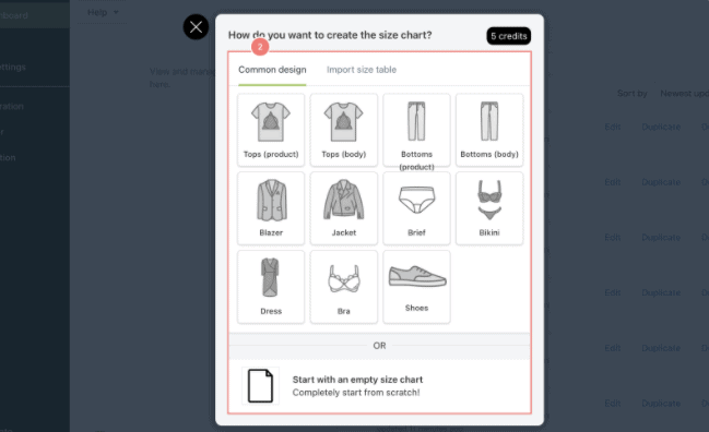 Size chart template