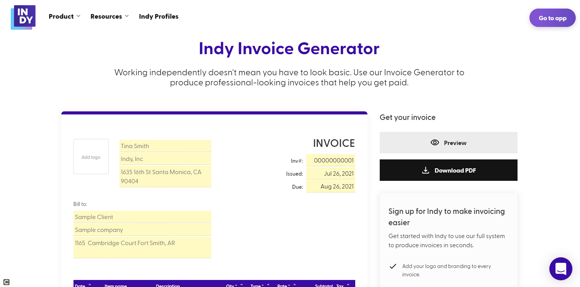 Indy Invoice Generator