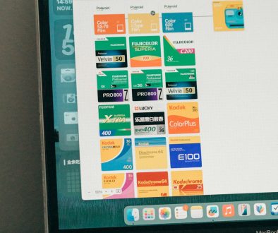 A laptop displays film types on screen. timeline editing, video software interface, zoom tool