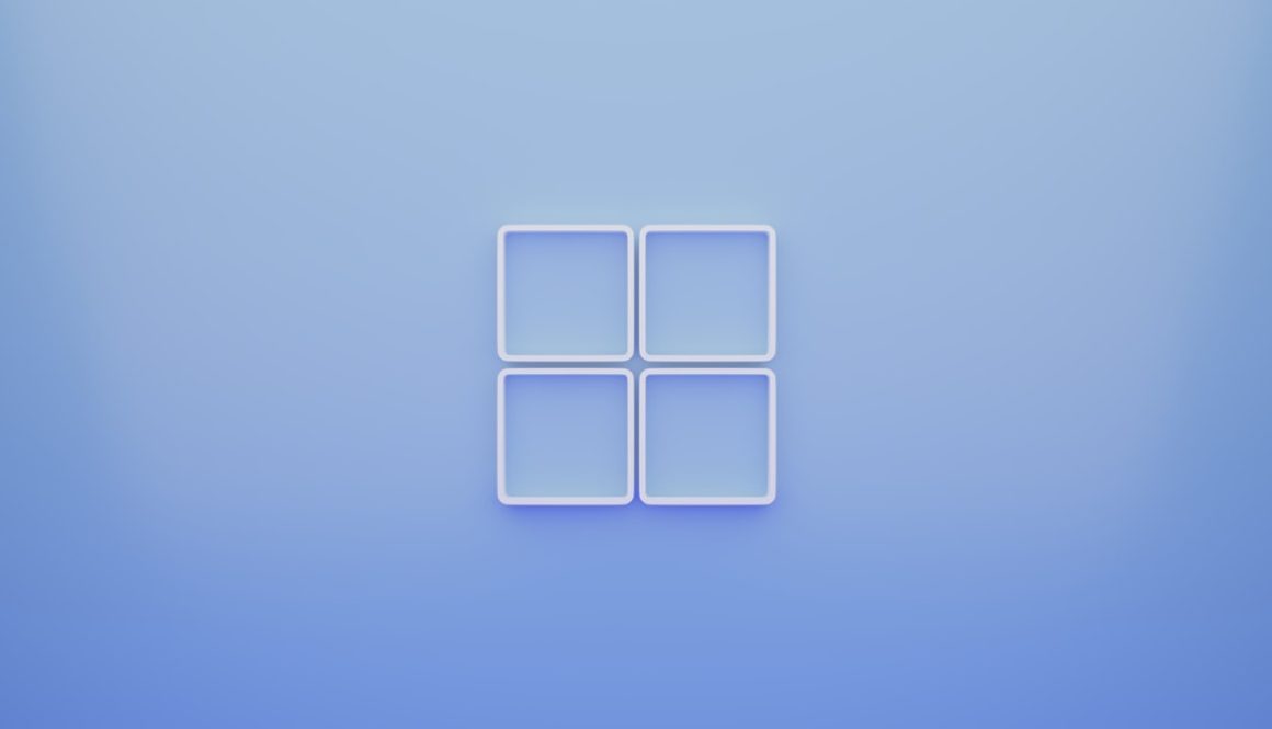 a blue background with a white square in the middle windows 11 desktop, missing taskbar icons, user profile