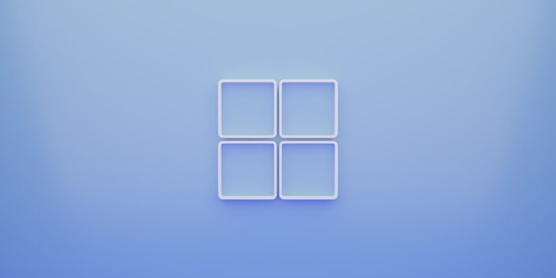 a blue background with a white square in the middle windows 11 desktop, missing taskbar icons, user profile