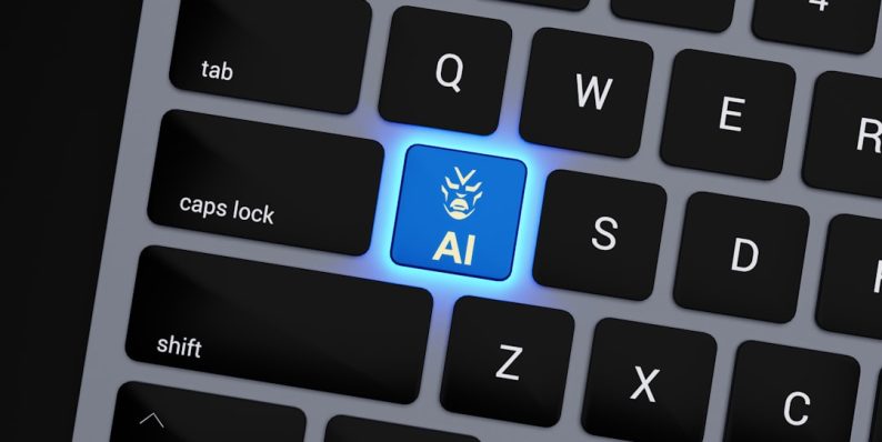 a computer keyboard with a blue light on it business owner working on laptop, wordpress admin dashboard, cybersecurity lock icon