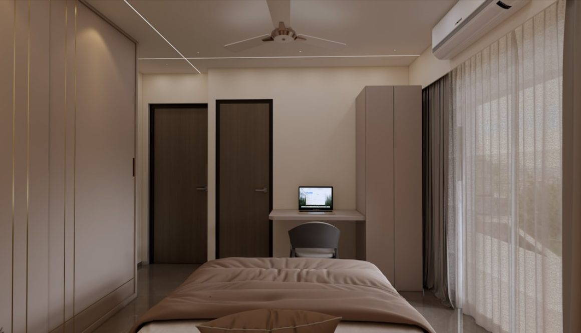 A modern bedroom featuring built-ins and a desk. 3d render, bedroom before after, ai interior design A modern bedroom featuring built-ins and a desk. 3d render, bedroom before after, ai interior design
