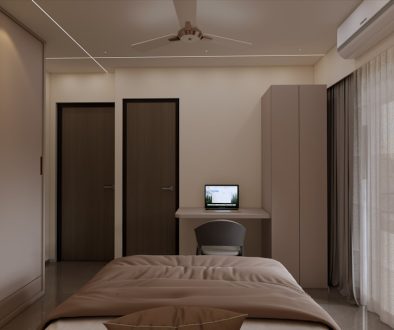 A modern bedroom featuring built-ins and a desk. 3d render, bedroom before after, ai interior design A modern bedroom featuring built-ins and a desk. 3d render, bedroom before after, ai interior design