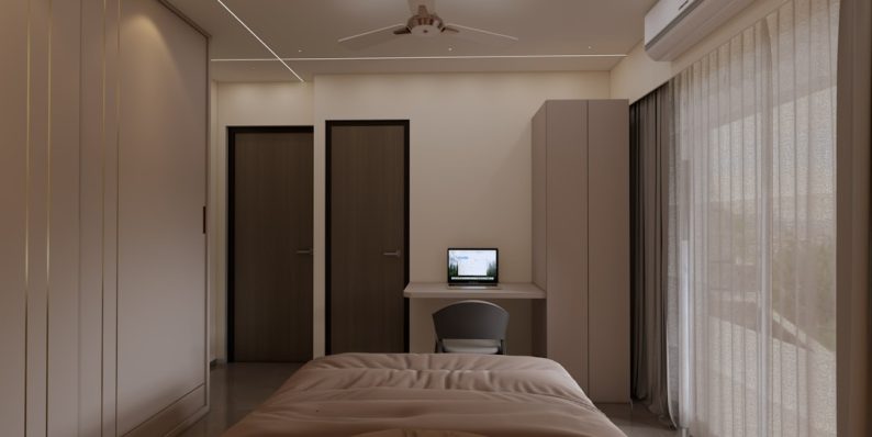 A modern bedroom featuring built-ins and a desk. 3d render, bedroom before after, ai interior design A modern bedroom featuring built-ins and a desk. 3d render, bedroom before after, ai interior design