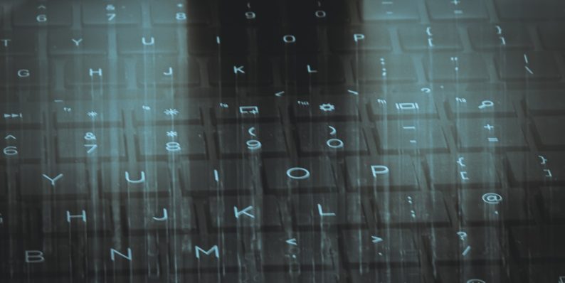 A computer keyboard with a sky background weird text, keyboard typo, alien gibberish