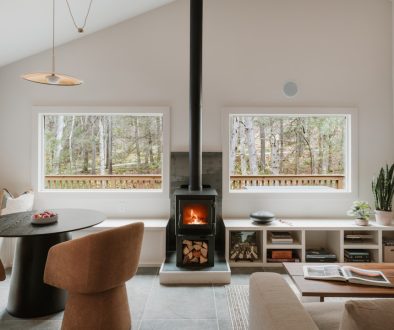 Cozy living room with fireplace and large windows. modern storage, minimalist interior, living room decor