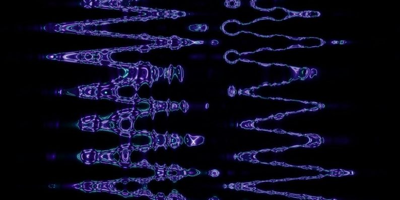 Abstract blue and purple wavy lines on black background morse code chart, sos signal pattern, dots and dashes diagram